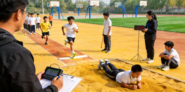学校体育课堂，学生正在进行科学体能测试